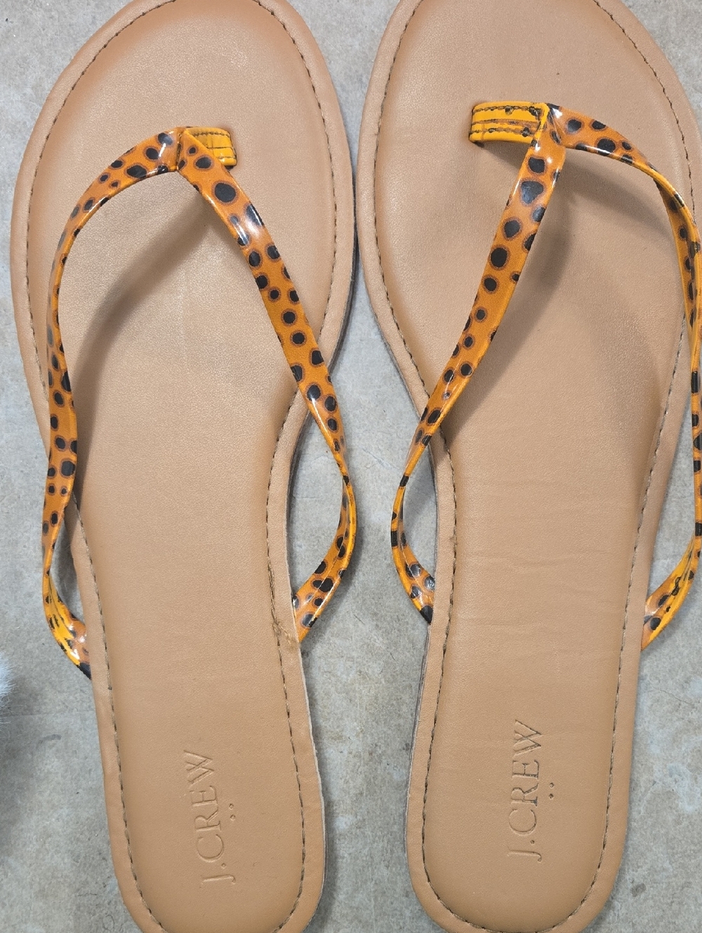 J. Crew Tan Flip-Flop Sandals with Orange Leopard-Print Straps